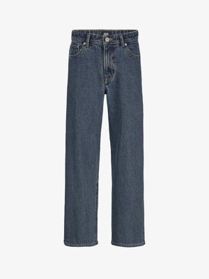 Straight-leg blue denim jeans with front button and zipper closure, belt loops, and five-pocket design.