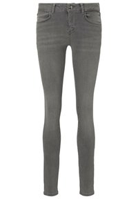 Hubené džíny v tmavě šedé barvě, vyrobené z denimu. Mají klasický design s pěti kapsami, přední zapínání na knoflík a šité detaily.