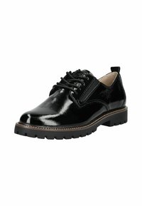 Scarpe eleganti cuoio nero lucido con lacci, suola spessa e dettagli in elastico laterale, progettate per un uso casual o formale.