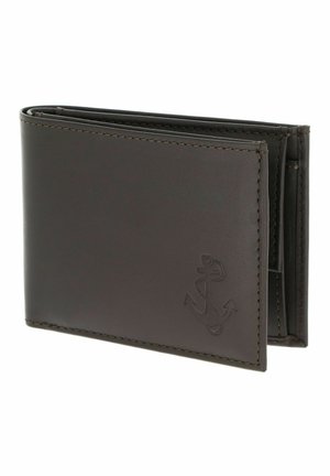 Dark brown leather bi-fold wallet with anchor embossed on the front, slightly open showing interior compartments.