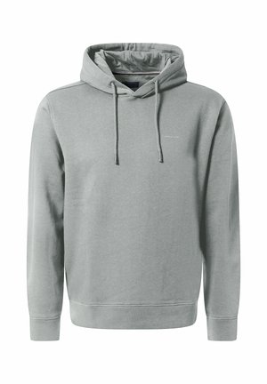 Light gray hoodie made of soft fabric, featuring a drawstring hood, front pouch pocket, and minimal branding on the chest.