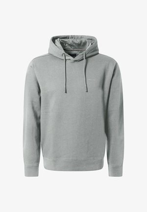 Hellgrauer Hoodie aus weichem Stoff, ausgestattet mit einer Kordelzugkapuze, einer Fronttasche und minimalem Branding auf der Brust.