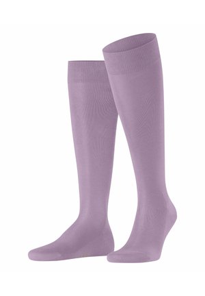 Paire de chaussettes de compression montantes jusqu'aux genoux de couleur violet clair, texture lisse, bordures élastiques, conçues pour le soutien des jambes.