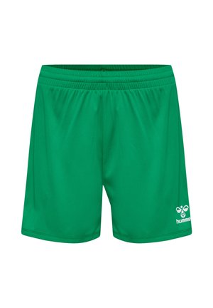 Zielone krótkie spodenki sportowe z elastycznym pasem i białym logo Hummel na dolnej prawej nodze, prezentowane na białym tle.