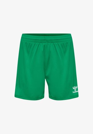 Zielone krótkie spodenki sportowe z elastycznym pasem i białym logo Hummel na dolnej prawej nodze, prezentowane na białym tle.