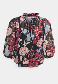 Blusa floral em chiffon preto com flores vermelhas, pink e azuis. Apresenta um decote franzido, mangas longas bufantes e um corte solto.