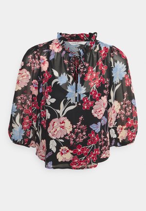 Blusa floral em chiffon preto com flores vermelhas, pink e azuis. Apresenta um decote franzido, mangas longas bufantes e um corte solto.