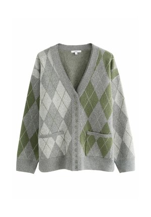 Cardigan gris avec un motif argyle dans des tons de vert et de gris, décolleté en V, fermeture à boutons et deux poches avant. Texture en maille douce.
