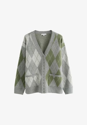 Cardigan grigio con motivo argyle in tonalità di verde e grigio, scollatura a v, chiusura con bottoni e due tasche frontali. Morbido tessuto a maglia.