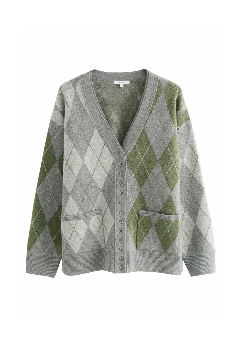 Cardigan gris avec un motif argyle dans des tons de vert et de gris, décolleté en V, fermeture à boutons et deux poches avant. Texture en maille douce.