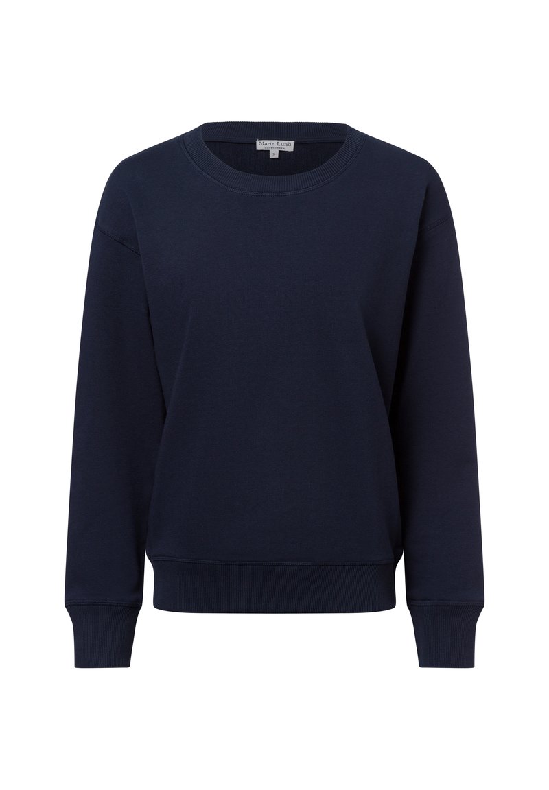 Felpa blu navy con scollo rotondo, maniche lunghe e polsini a costine. Realizzata in un tessuto morbido, presenta una vestibilità classica e rilassata.