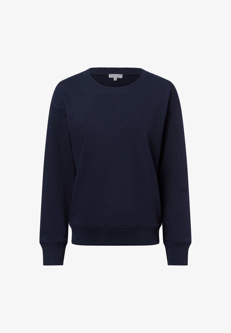 Felpa blu navy con scollo rotondo, maniche lunghe e polsini a costine. Realizzata in un tessuto morbido, presenta una vestibilità classica e rilassata.