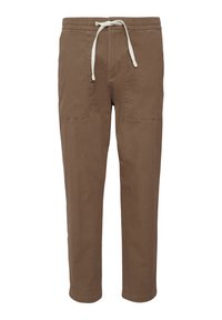 Rjave bombažne hlače sproščenega kroja z elastičnim pasom in belim vrvico. Imajo dva sprednja žepa z obliži. Ravna oblika nogavica z manšetami.