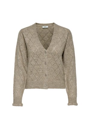 Cárdigan de punto beige con escote en V, patrón de rombos y mangas largas. Presenta botones en la parte delantera y puños y dobladillo acanalados.
