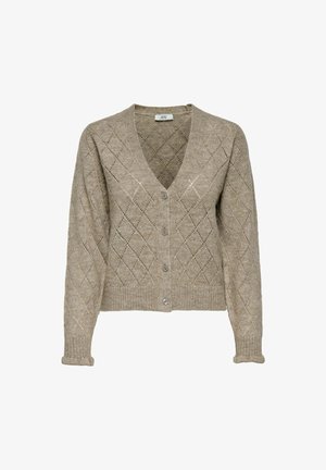 Cardigan lavorato a maglia beige con scollo a V, motivo a rombi e maniche lunghe. Presenta bottoni sulla parte anteriore e polsini e orlo a costine.