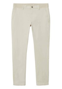 Pantalon beige en tissu lisse, doté d'une fermeture à boutons, de poches latérales et d'une coupe ajustée.