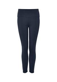 Leggings bleu marine taille haute, coupe slim, avec détails de couture verticale, longueur chevilles et large ceinture élastique.