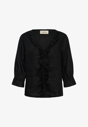 Sort bluse med lange ærmer, rynket V-udskæring og rynkede manchetter, letvægtsstof, mærket "CREAM" indeni kraven.