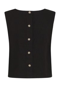 Haut noir sans manches avec un décolleté droit et une rangée verticale de cinq boutons de couleur claire au centre du dos.