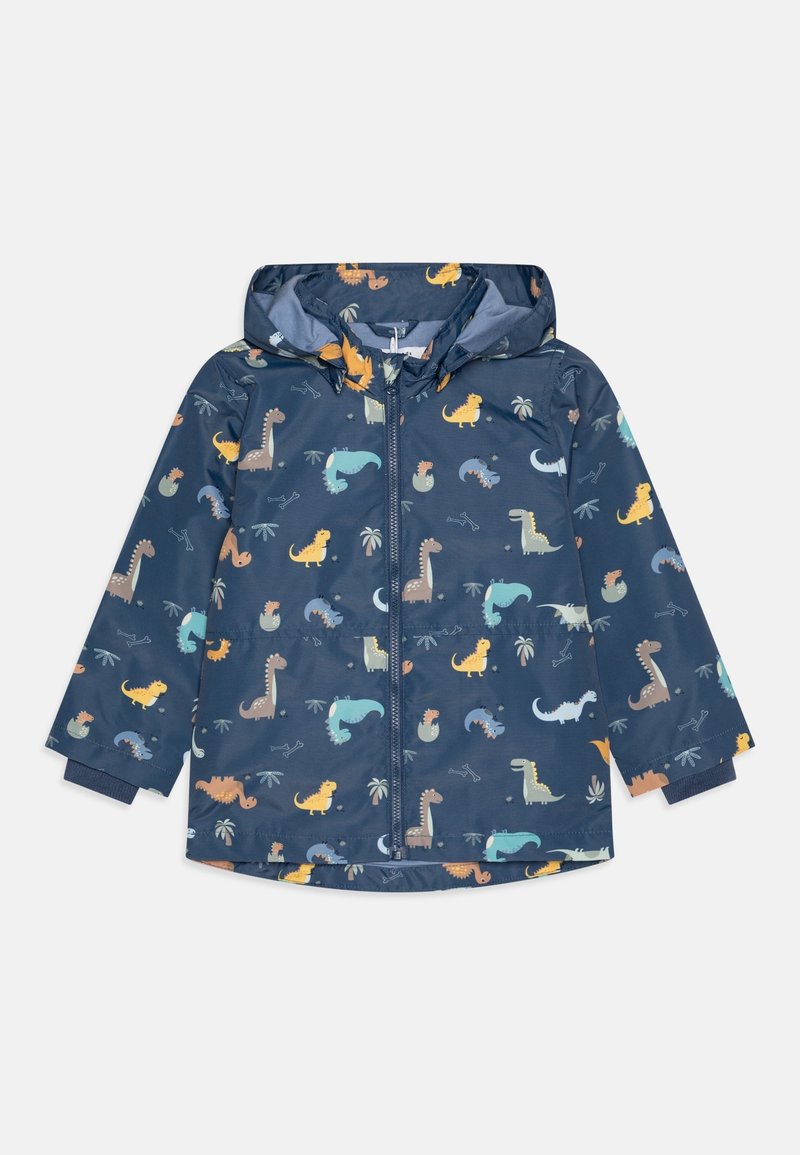Dunkelblaue Regenjacke für Kinder mit bunten Dinosaurier- und Palmenmotiven, Reißverschluss vorne, langen Ärmeln und Kapuze.