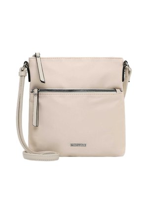 Beige crossbody bag with two zippered compartments, adjustable strap, and small silver "EMILY & NOAH" logo on front.
