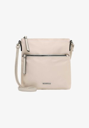 Beige crossbody bag with two zippered compartments, adjustable strap, and small silver "EMILY & NOAH" logo on front.
