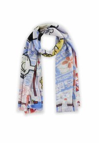 Écharpe légère et multicolore présentant un motif floral et abstrait, principalement bleu, avec des contours noirs et des bords frangés.