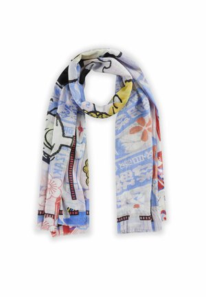Lichte, meerkleurige sjaal met een bloemen- en abstract patroon, voornamelijk in blauw, met zwarte omlijningen en franjes aan de randen.