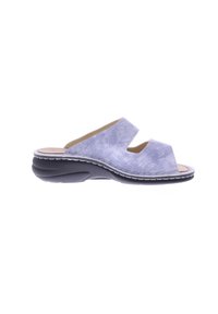 Purple suede slide sandals with dual open-toe straps, contoured black rubber sole, and white stitching along the edge for added detail.