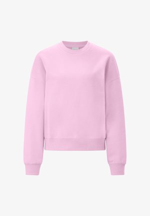 Világos rózsaszín hosszú ujjú környakú pulóver bordázott mandzsettával és szegéllyel, egyszerű dizájn, látható logók vagy minták nélkül.