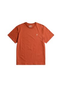 Korte mouwen t-shirt in roestkleur, gemaakt van katoen met een zachte textuur. Heeft een klein wit boompje logo aan de linkerkant van de borst.