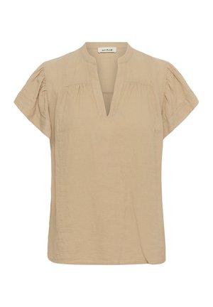 Blusa de lino beige con mangas cortas abullonadas, escote en V y detalles sutiles de plisado en el frente. Textura suave y ajuste relajado.