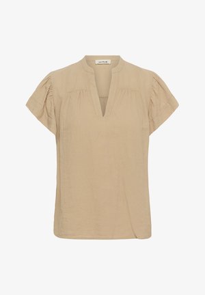 Beige hørbluse med korte puffede ærmer, V-udskæring og diskrete plisser foran. Blød tekstur og afslappet pasform.