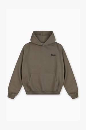 Olijfgroene hoodie van een zachte katoenmix, met een kangoeroezak, ribgebreide manchetten en zoom, en het "Favela" logo in het zwart op de borst.