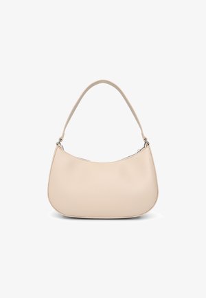Borsa a tracolla in pelle beige con texture liscia, forma semicircolare, una tracolla singola e chiusura a zip nella parte superiore.