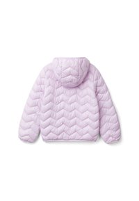 Giacca a vento viola chiaro con cappuccio, caratterizzata da un design a chevron trapuntato, polsini elasticizzati, materiale morbido e silhouette cropped.