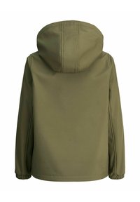 Veste vert olive avec capuche, présentant une texture lisse, des poignets élastiques et un design épuré, montrant la vue arrière sans détails supplémentaires.