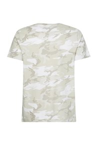Baumwoll-T-Shirt in hellbeige mit einem weißen Camouflage-Muster. Hat einen runden Ausschnitt und kurze Ärmel, mit einer lässigen Passform.