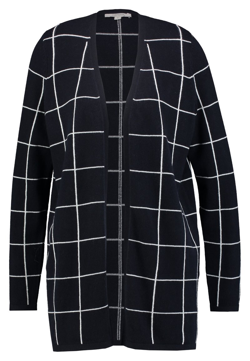 Cardigan noir ouvert devant avec manches longues et motif quadrillé blanc partout.