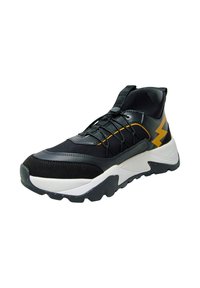 Black high-top sneakers with a textile and suede upper, yellow accents, thick white midsole, and textured black rubber outsole.