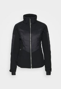 Czarna kurtka z wysokim kołnierzem, zapięciem na zamek błyskawiczny i pikowanymi przednimi panelami. Posiada teksturowane rękawy oraz boczne kieszenie.