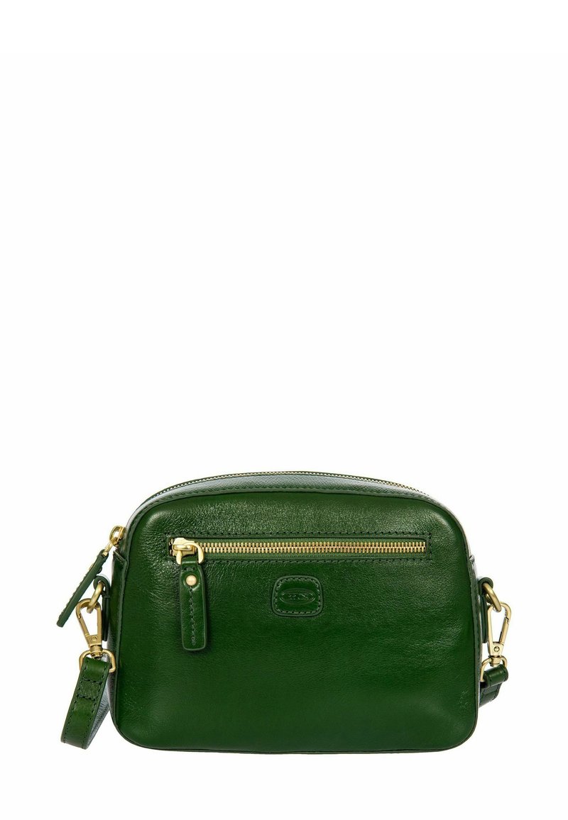 Sac bandoulière en cuir vert à la forme arrondie, avec des accents en métal doré, une poche zippée à l'avant et une bandoulière réglable. Texture lisse.