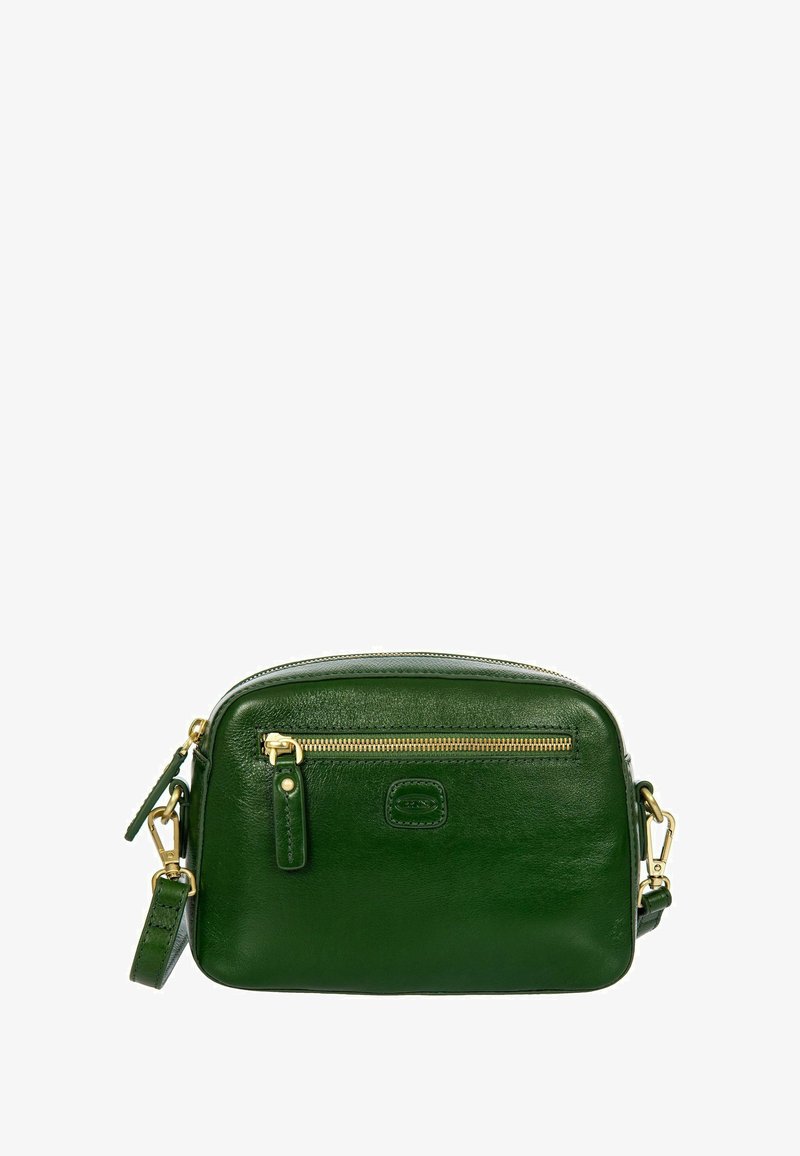 Sac bandoulière en cuir vert à la forme arrondie, avec des accents en métal doré, une poche zippée à l'avant et une bandoulière réglable. Texture lisse.