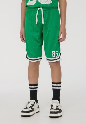 Bambino che indossa pantaloncini da basket verdi con il numero 86, calze a righe nere e bianche, e scarpe da ginnastica nere e bianche, in piedi su uno sfondo uniforme.