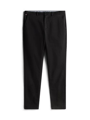 Black chinos made from cotton blend material, featuring a straight leg design, front pockets, and a subtle logo detail on the waistband.