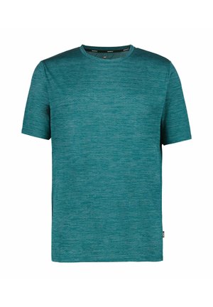 Turquoise short-sleeve t-shirt made of textured fabric with a round neck and subtle striped pattern. Includes a small brand label on the side.