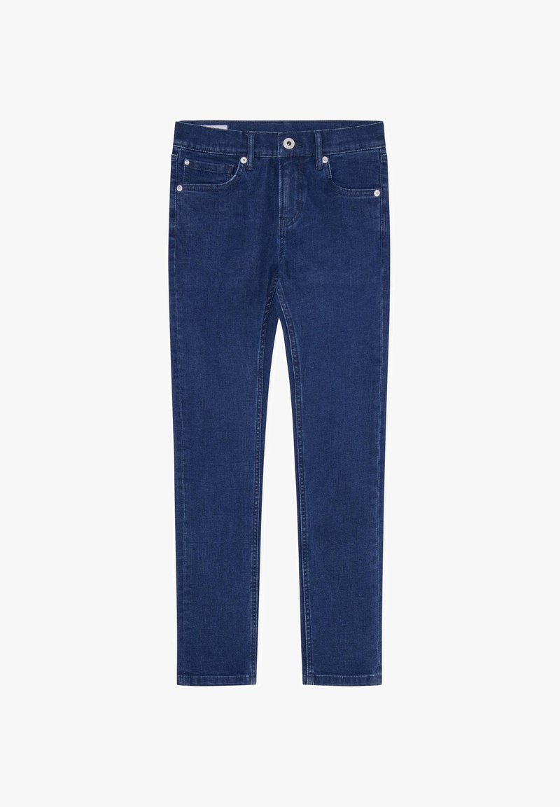 Tamsiai mėlynos džinsinės kelnės tiesiomis kojomis, su priekinio kišenės dizainu ir klasikiniu mygtuko uždarymu. Lygi tekstūra ir be raštų.