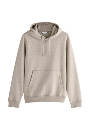 Beige pullover hoodie with front kangaroo pocket and drawstring hood, made from soft fabric with ribbed cuffs and hem.