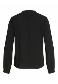 Maglietta nera a maniche lunghe con scollo rotondo, texture liscia, spacco laterale e polsini con bottoni. Design semplice e minimalista.