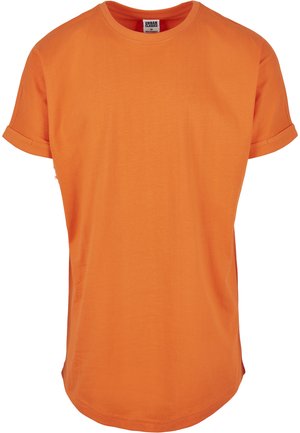 Oranges Kurzarm-T-Shirt aus Baumwolle, mit Rundhalsausschnitt, gekrempelten Ärmeln und einem geraden Saum mit leichter Kurve.
